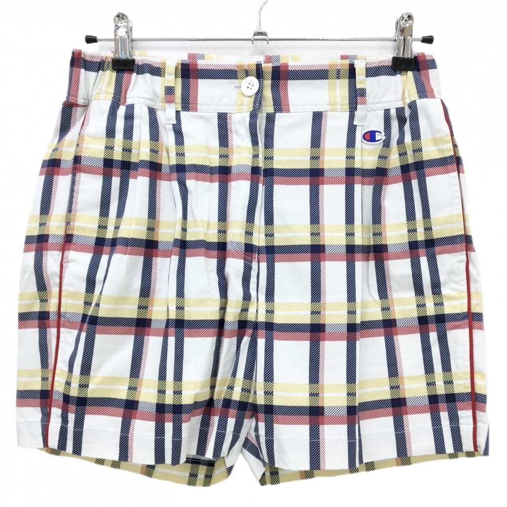 【超美品】チャンピオン ショートパンツ 白×ネイビー×イエロー チェック  レディース LARGE ゴルフウェア Champion