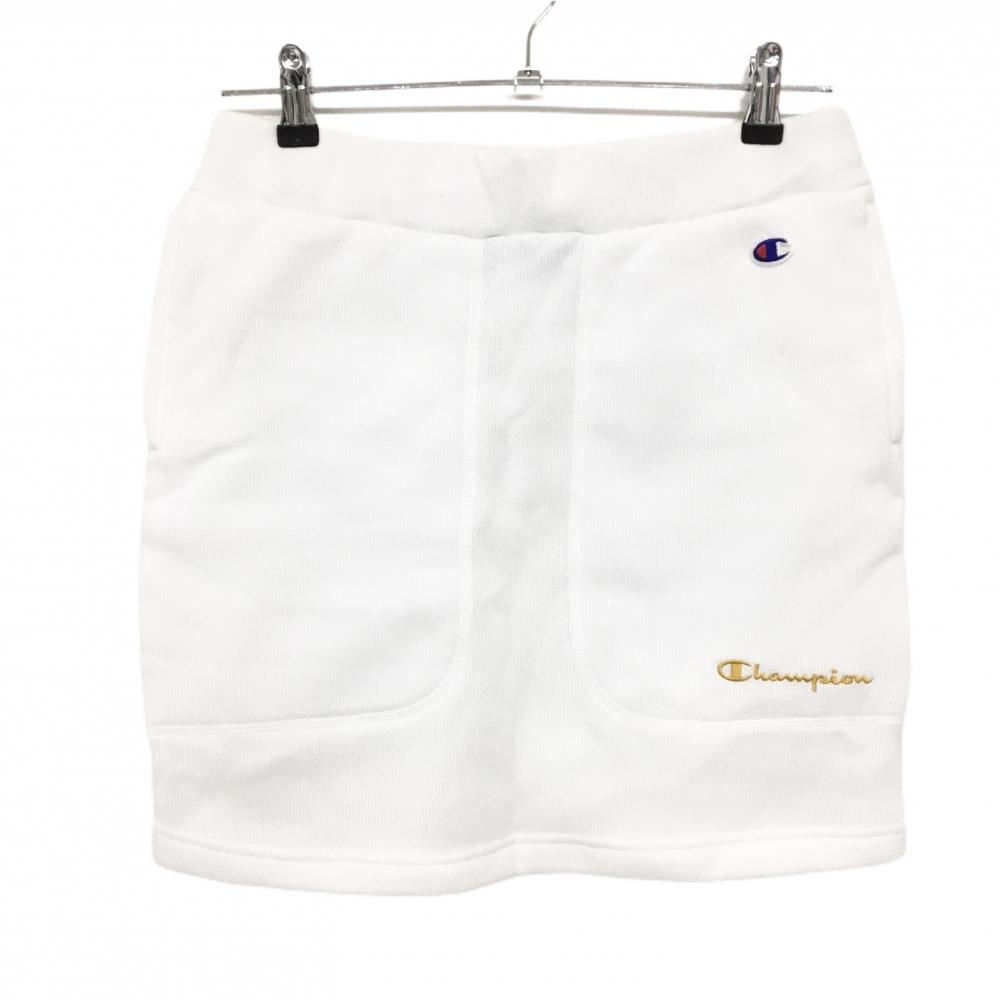 【美品】チャンピオン ニットスカート 白 ワッペン ロゴ刺しゅう レディース LARGE ゴルフウェア Champion