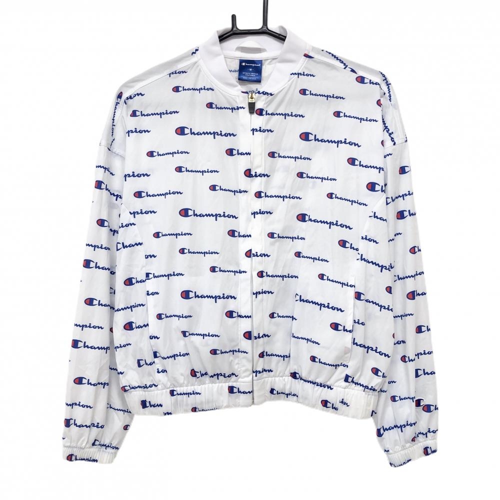 【美品】チャンピオン ジャケットブルゾン 白×ブルー ロゴ総柄 薄手 レディース M ゴルフウェア Champion