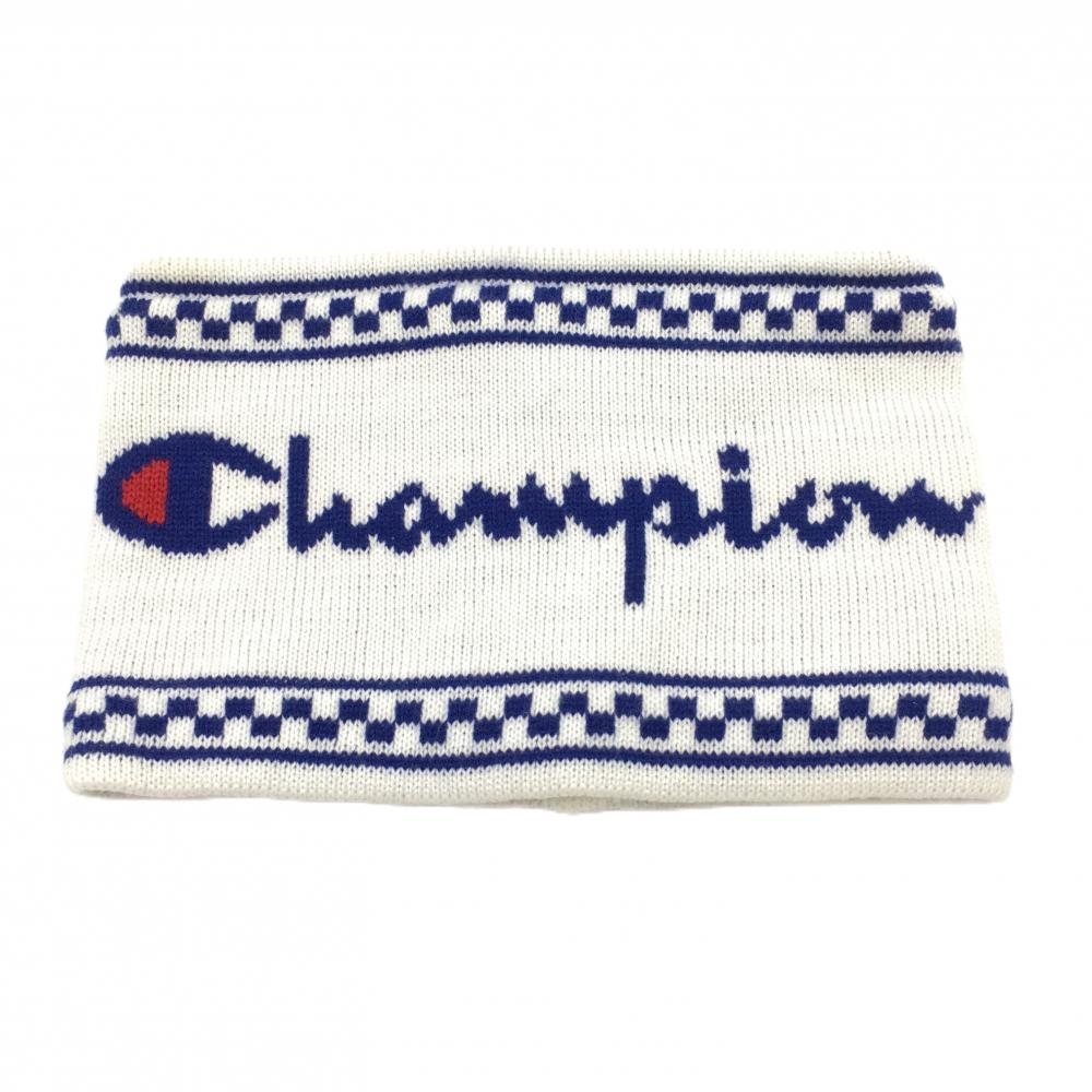 【美品】チャンピオン ネックウォーマー 白×ブルー ドローコード 裏フリース  ゴルフウェア Champion
