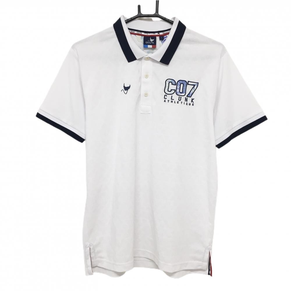 【超美品】クランク 半袖ポロシャツ 白×ネイビー 地模様 ワッペンリーフ柄 メンズ L ゴルフウェア CLUNK