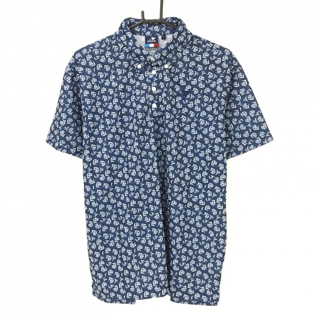 【新品】クランク 半袖ポロシャツ ネイビー×白 総柄 ボタンダウン 吸水速乾 UVカット メンズ L ゴルフウェア CLUNK