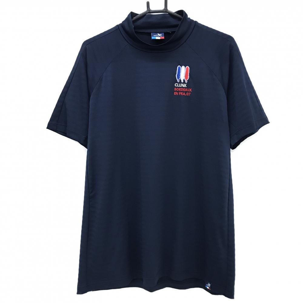 【超美品】クランク 半袖ハイネックシャツ ネイビー ボーダー地模様 ロゴ刺しゅう メンズ L ゴルフウェア CLUNK