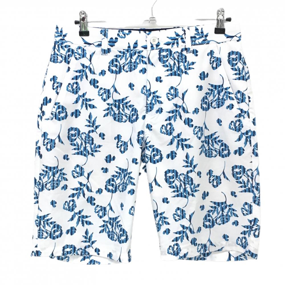 【超美品】クランク ハーフパンツ 白×ブルー 花柄 裏地付き メンズ M ゴルフウェア CLUNK