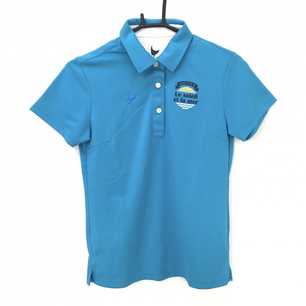 【超美品】クランク 半袖ポロシャツ ライトブルー ロゴ刺しゅう バックプリント レディース M ゴルフウェア CLUNK