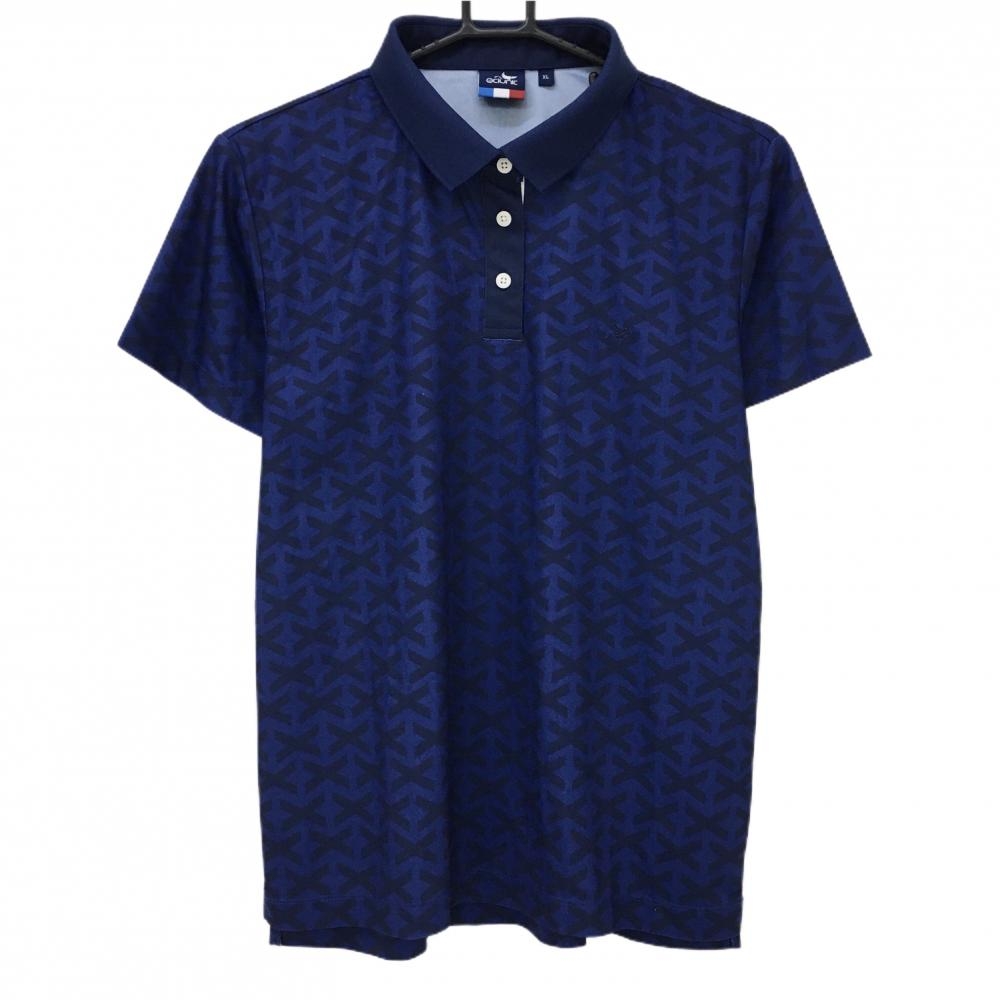 【超美品】クランク 半袖ポロシャツ ネイビー 総柄 ロゴ刺しゅう  レディース XL ゴルフウェア CLUNK
