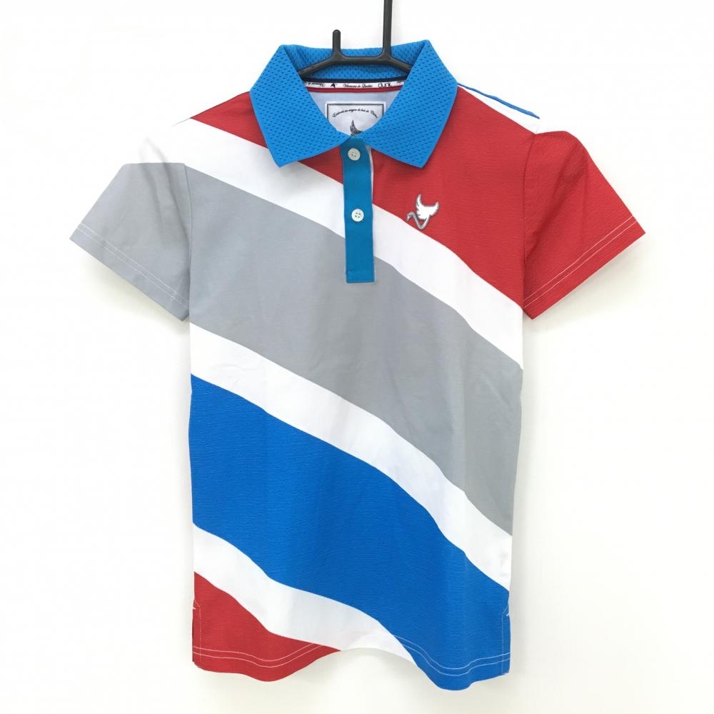 【超美品】クランク 半袖ポロシャツ 白×ブルー 斜めライン メッシュ襟 ロゴワッペン  レディース S ゴルフウェア CLUNK