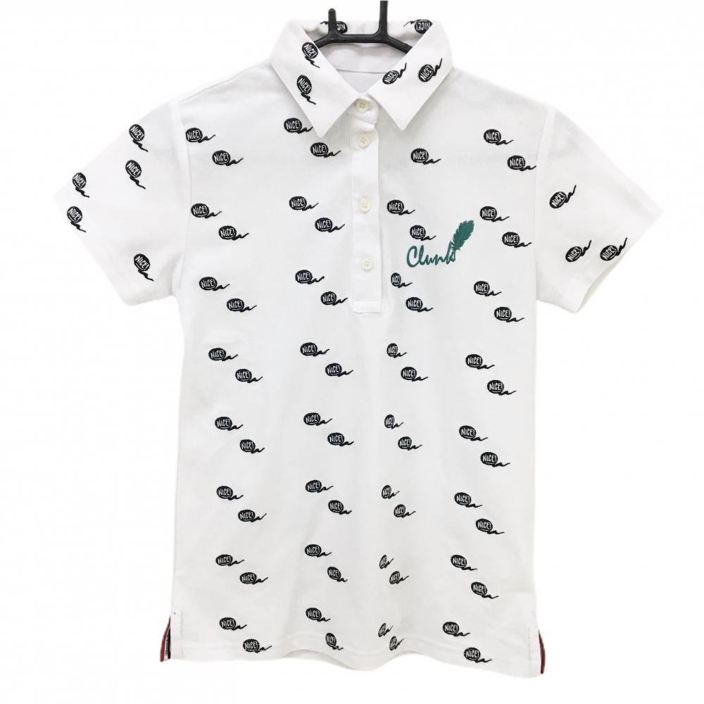 【超美品】クランク 半袖ポロシャツ 白×黒 吹き出し刺しゅう総柄  レディース M ゴルフウェア CLUNK