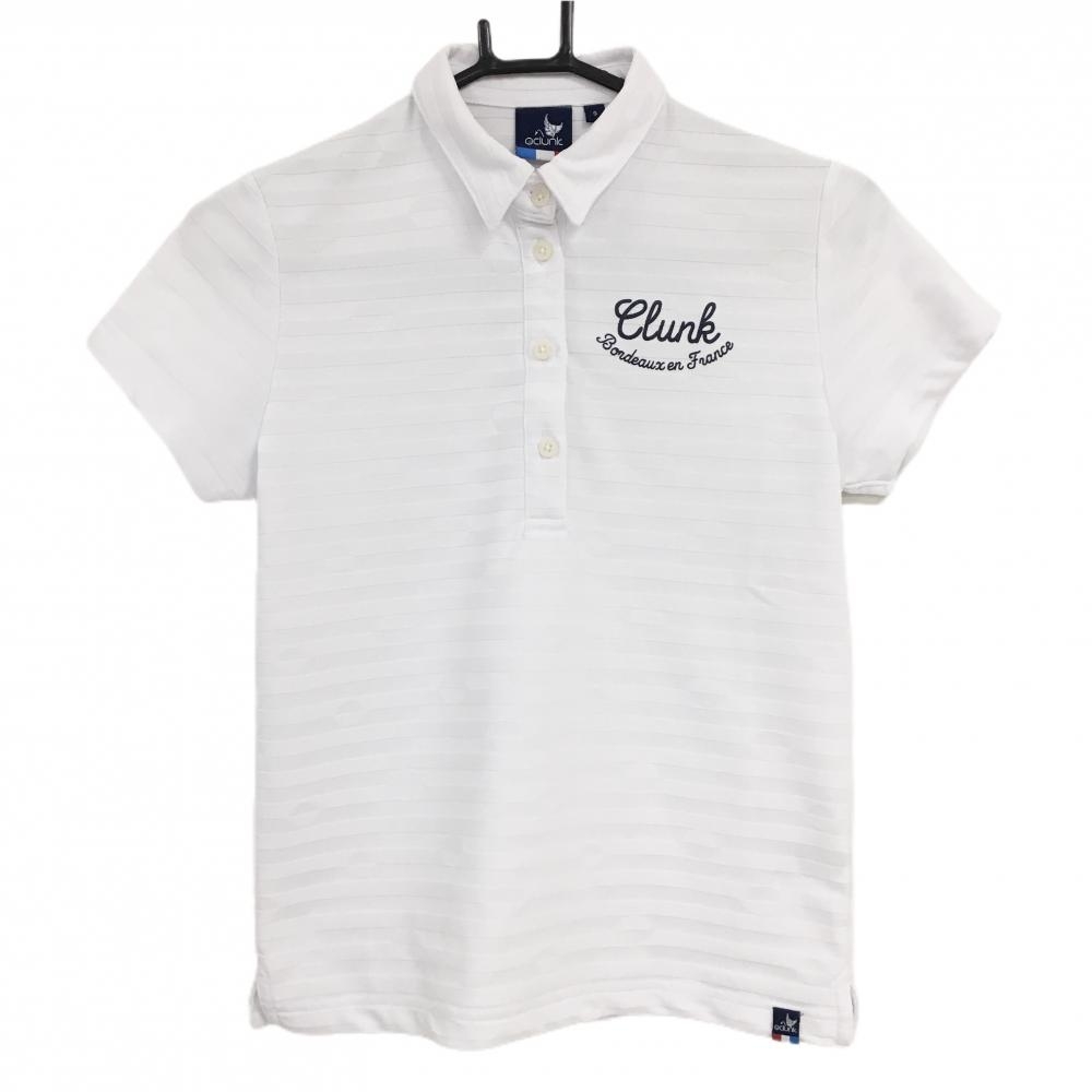 【美品】クランク 半袖ポロシャツ 白 ボーダー織生地 ドット ロゴネイビー レディース S ゴルフウェア CLUNK