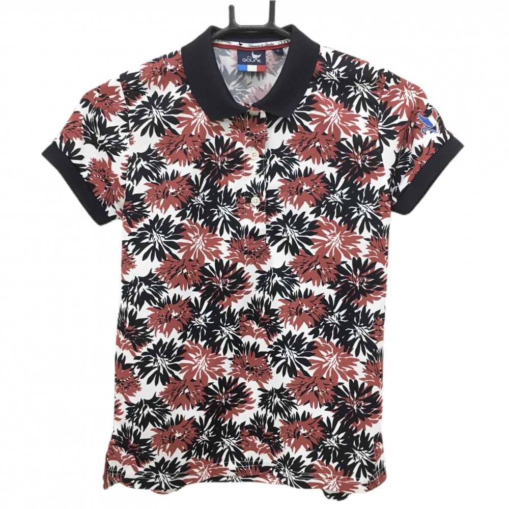 【超美品】クランク 半袖ポロシャツ ネイビー×レッド 花柄 レディース S ゴルフウェア CLUNK