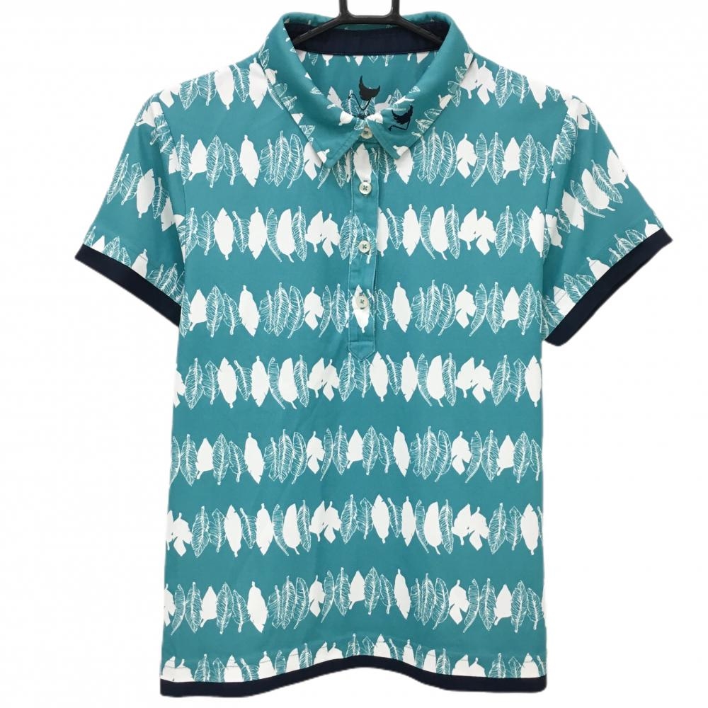 【超美品】クランク 半袖ポロシャツ ライトブルー×白 リーフ柄 レディース M ゴルフウェア CLUNK