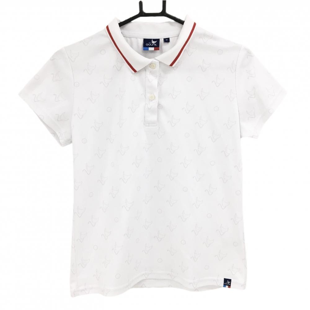 クランク 半袖ポロシャツ 白×ライトグレー 総柄 襟ラインレッド レディース M ゴルフウェア CLUNK