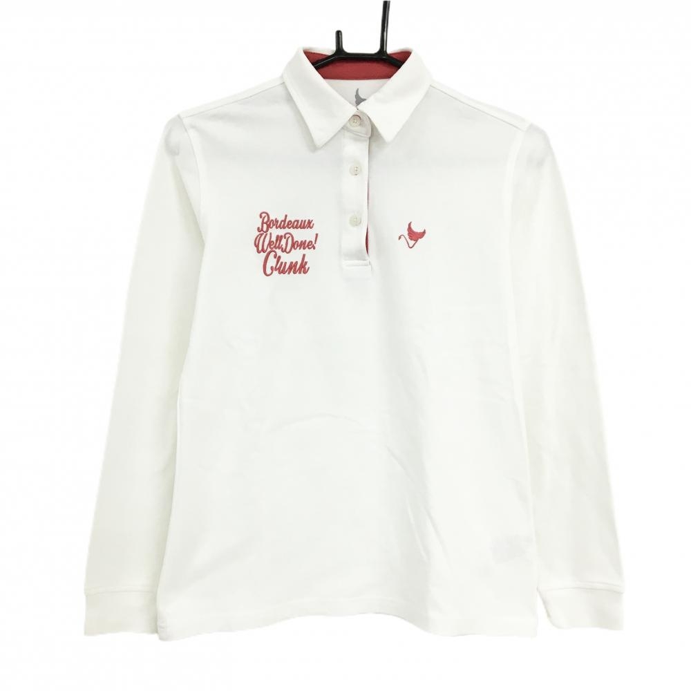 【美品】クランク 長袖ポロシャツ 白×ピンク系 胸ロゴ刺しゅう  レディース M ゴルフウェア CLUNK