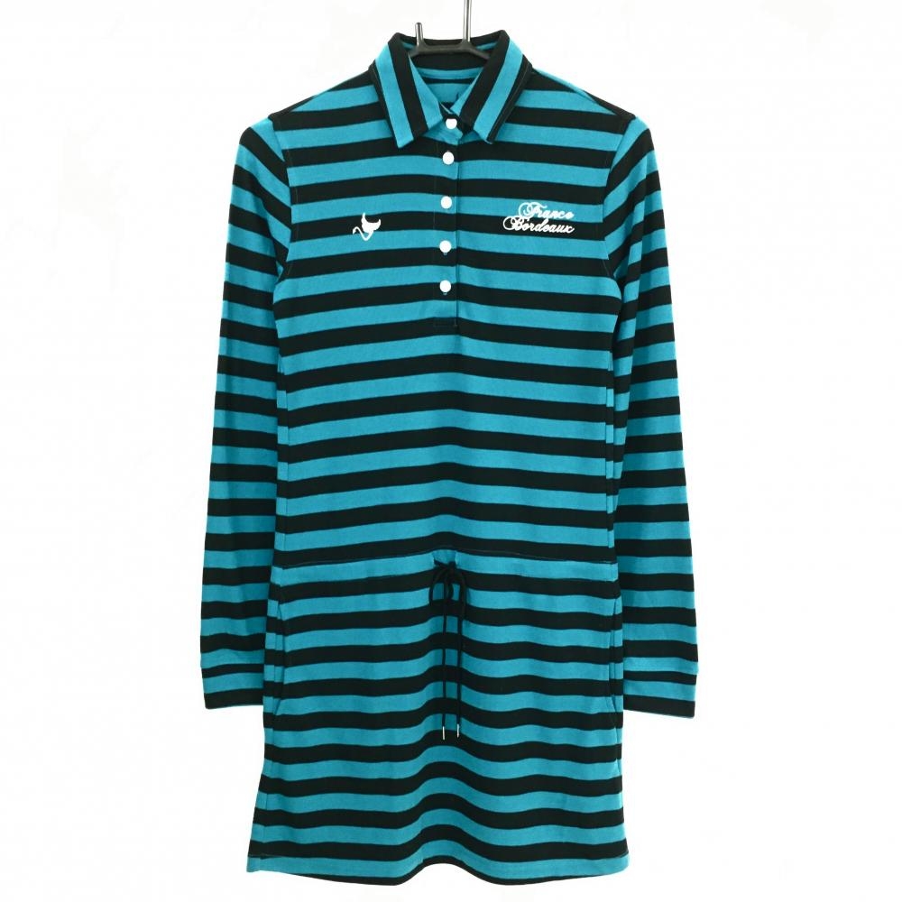 【美品】クランク ポロワンピース ブルーグリーン×黒 ボーダー ストレッチ  レディース M ゴルフウェア CLUNK