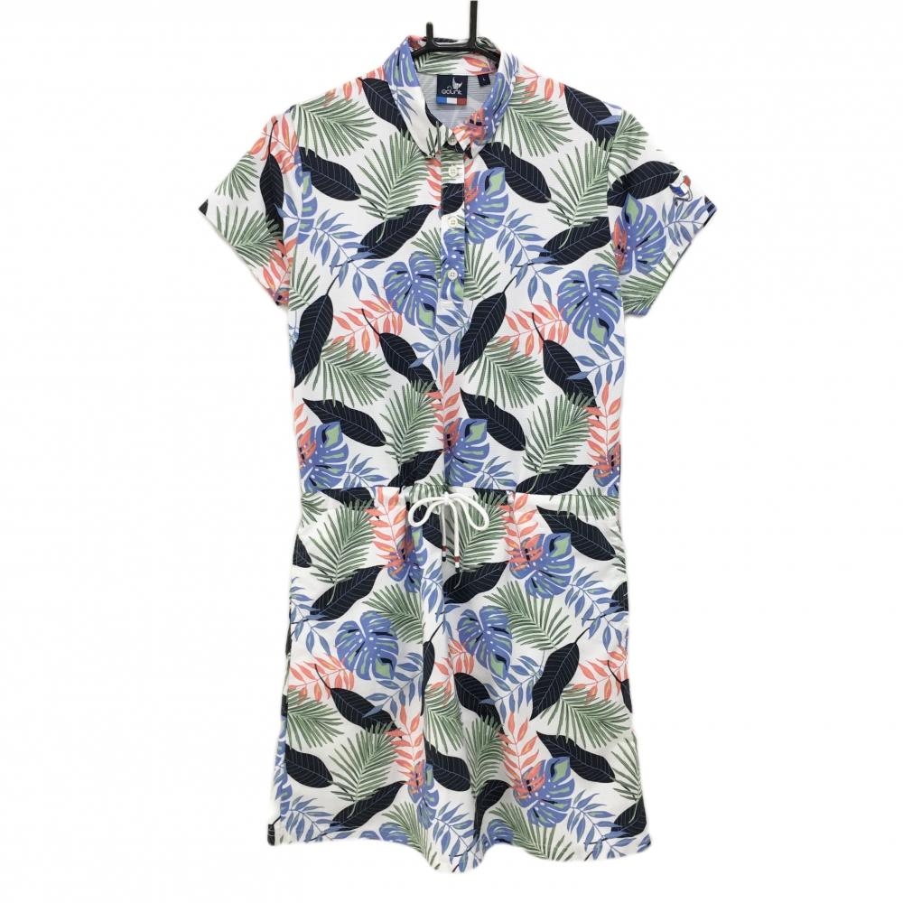 【超美品】クランク 半袖ポロワンピース 白×マルチカラー リーフ柄 ウエスト調節紐 レディース L ゴルフウェア CLUNK