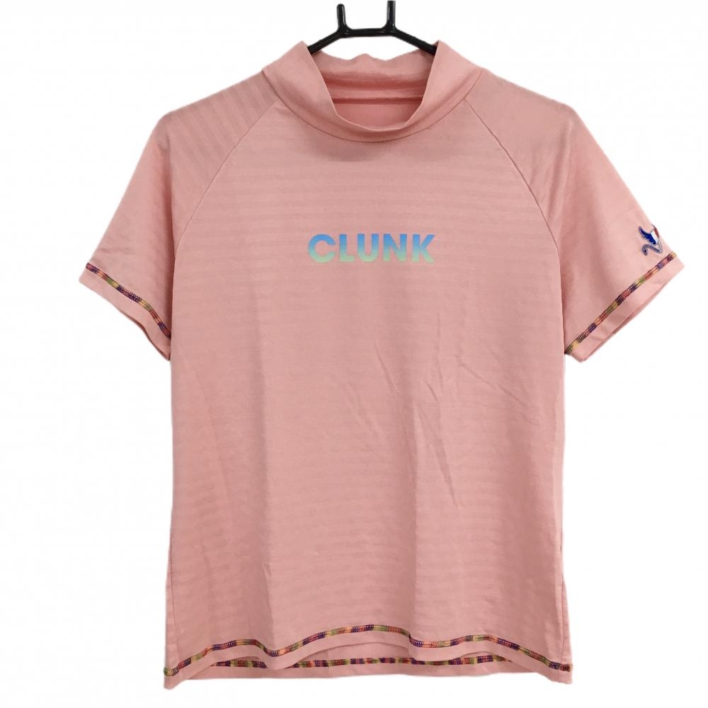 【超美品】クランク 半袖ハイネックシャツ ピンク ボーダー織生地  レディース XL ゴルフウェア CLUNK