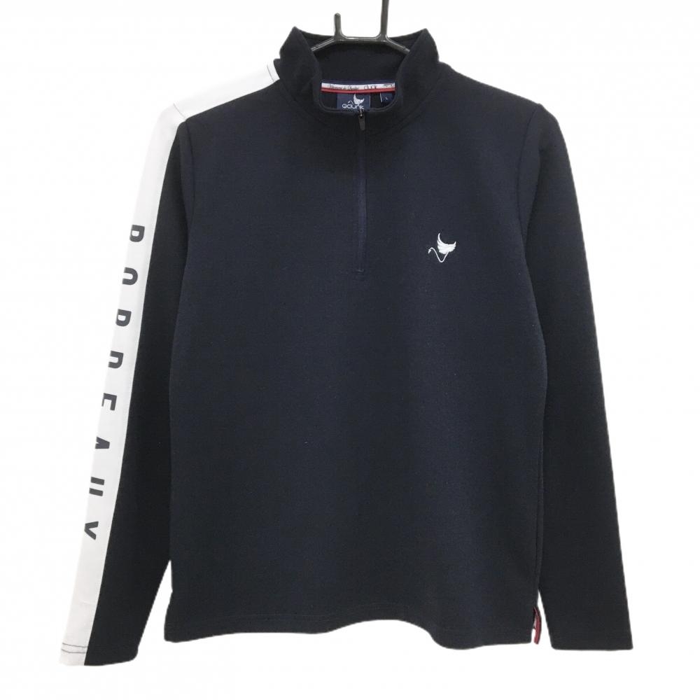 【美品】クランク 長袖ハイネックシャツ ネイビー×白 ハーフジップ 袖ライン レディース L ゴルフウェア CLUNK