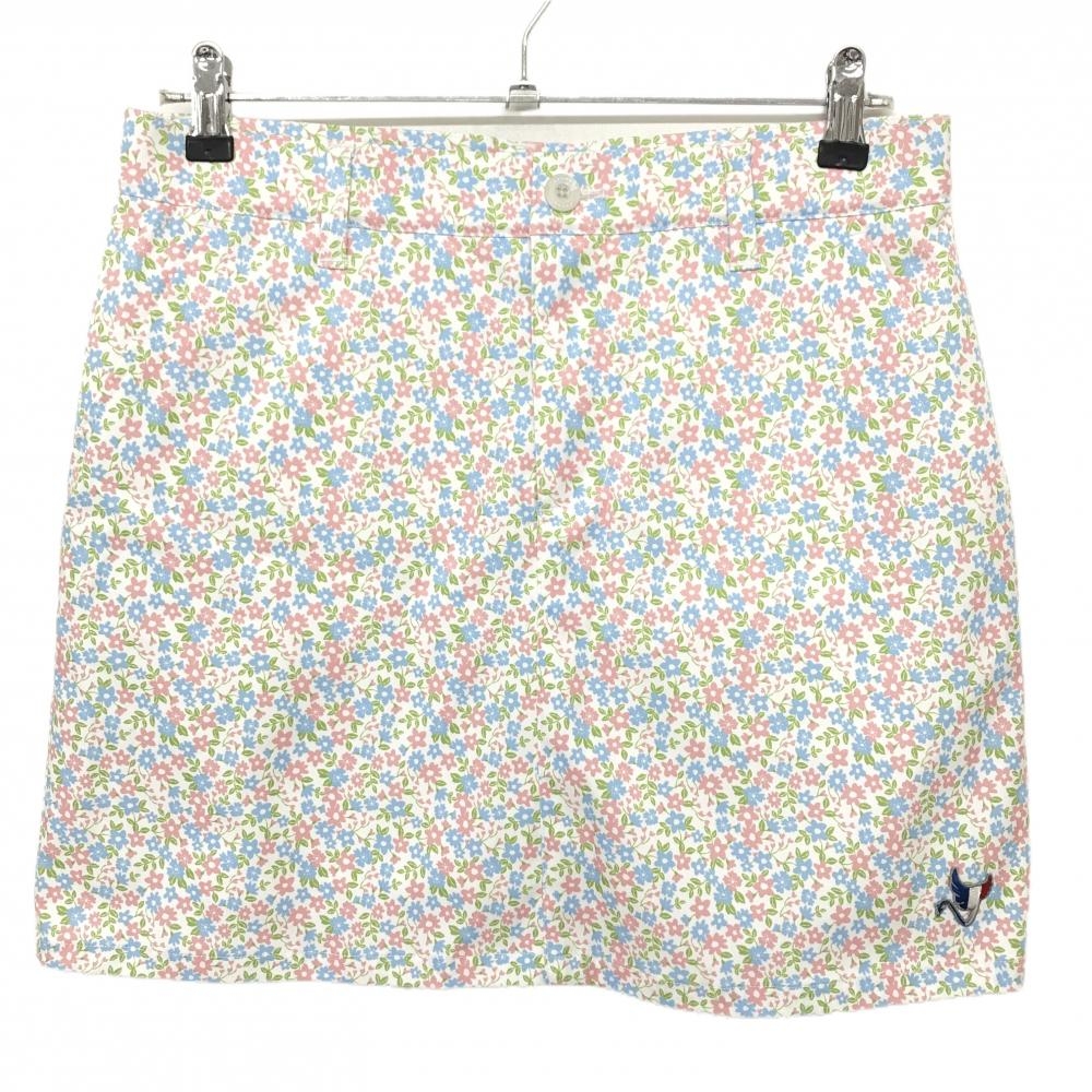 【超美品】クランク スカート 白×ピンク 花柄 裾ロゴワッペン 裏地付き レディース XL ゴルフウェア CLUNK