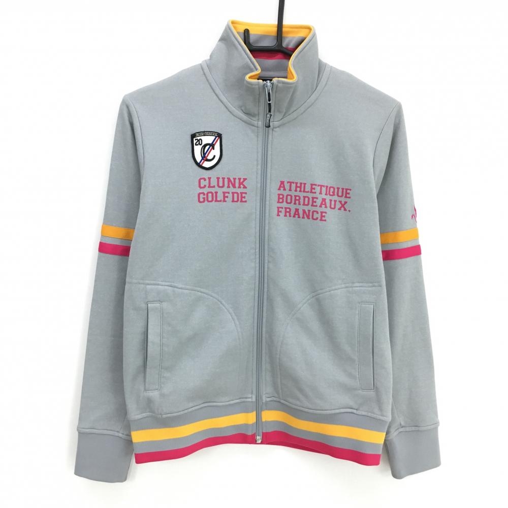 【超美品】クランク ジャケットブルゾン グレー×ピンク 裾・袖2ライン レディース M ゴルフウェア CLUNK
