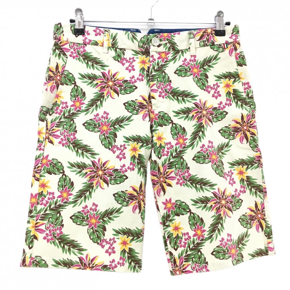 【美品】パーセッタンタドゥエ ハーフパンツ ライトベージュ×ピンク 花柄 メンズ M ゴルフウェア PAR72
