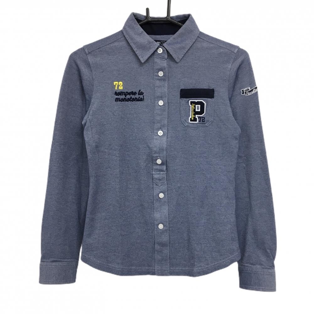 【超美品】パーセッタンタドゥエ 長袖ポロシャツ 杢ネイビー 胸ポケット付 レディース S ゴルフウェア PAR72