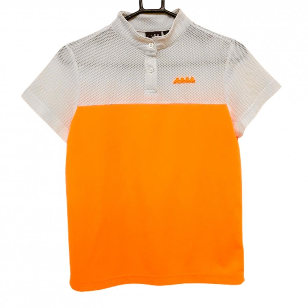 【美品】ムータマリン 半袖ポロシャツ 白×蛍光オレンジ スタンドカラー  レディース 0(M) ゴルフウェア muta