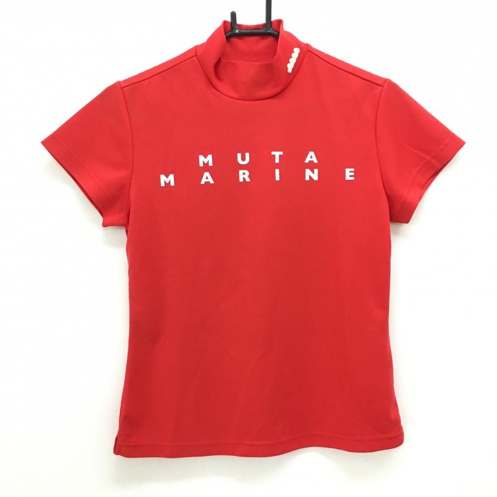 【超美品】ムータマリン 半袖ハイネックシャツ レッド×白 ネックシリコンロゴ レディース 0(WOMAN FREE) ゴルフウェア muta