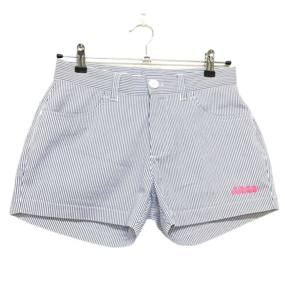 【超美品】ムータマリン ハーフパンツ ブルー×白 ストライプ サッカー生地 シリコンロゴ レディース 1(S) ゴルフウェア 2024年モデル muta