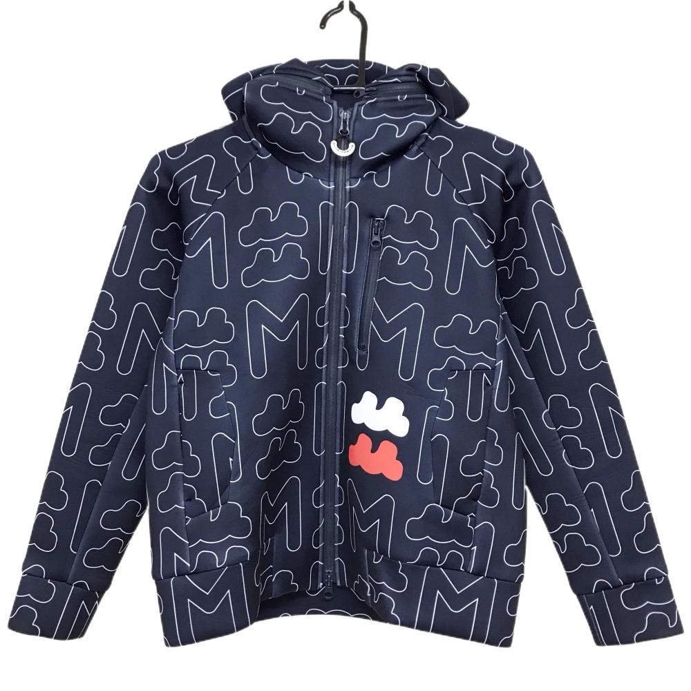 【美品】ムータマリン ジップパーカー　ネイビー×白 総柄 ダンボールニットフード着脱可 ジャケット  レディース 0(XS) ゴルフウェア muta