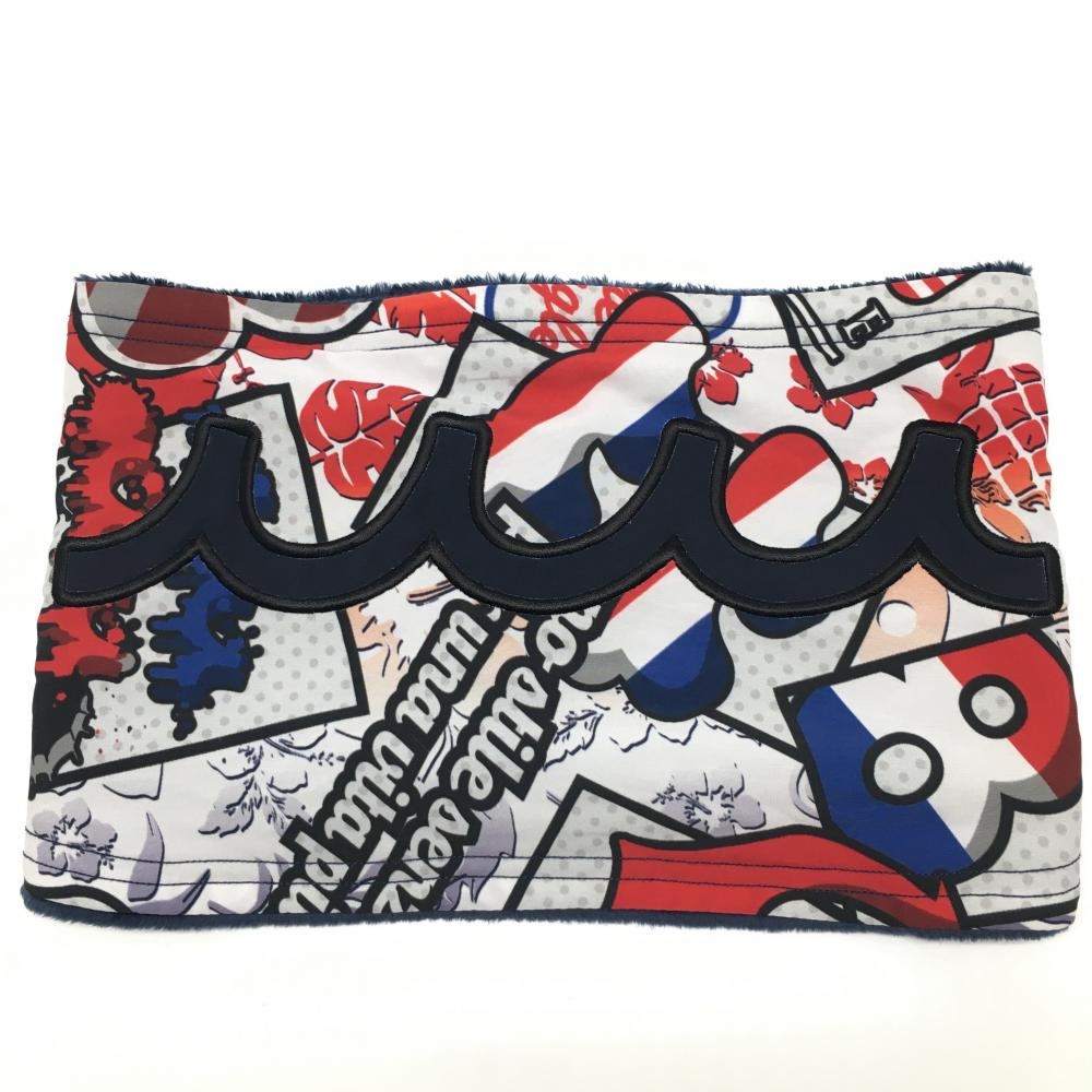 【超美品】ムータマリン ネックウォーマー 白×ネイビー×レッド 総柄 裏起毛 リバーシブル   ゴルフウェア muta