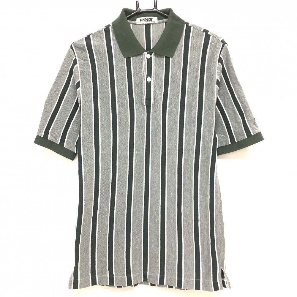 ピン 半袖ポロシャツ グリーン×白 ボーダー メンズ M ゴルフウェア PING