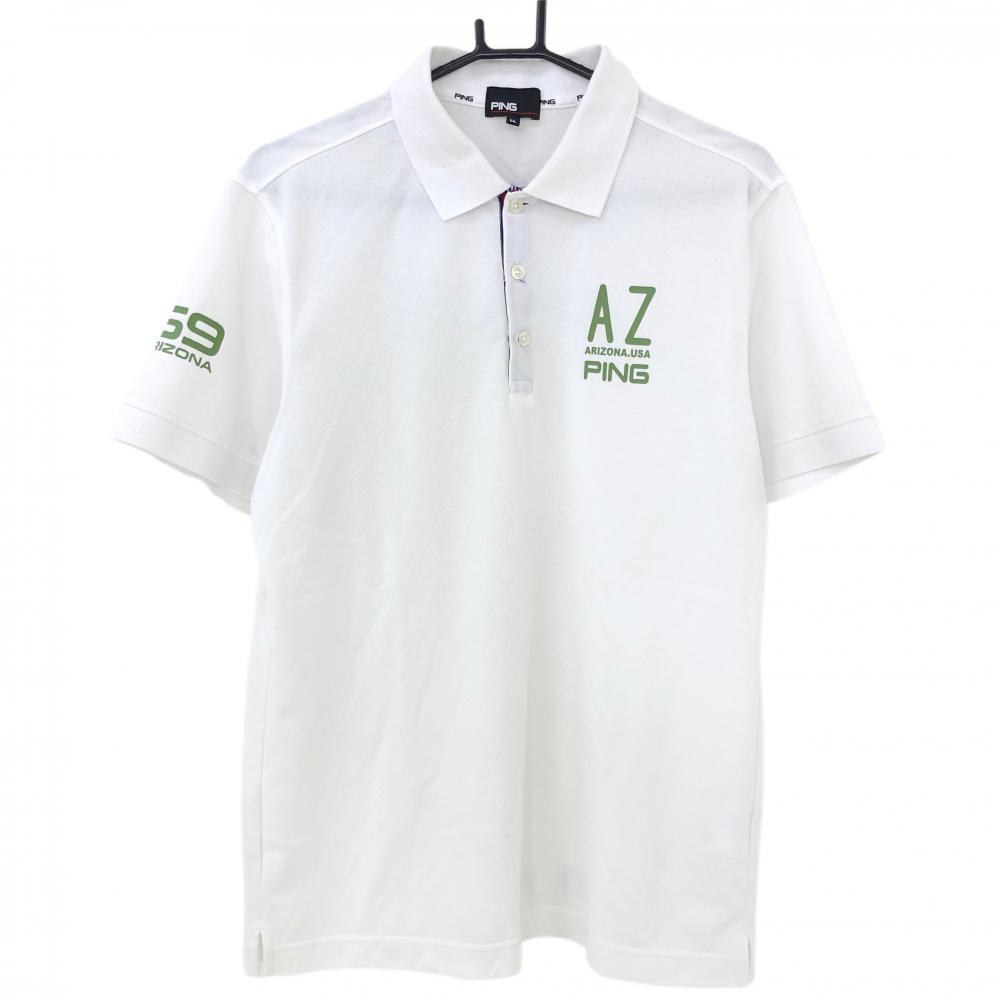 ピン 半袖ポロシャツ 白×ライトグリーン バックロゴプリント メンズ LL ゴルフウェア PING