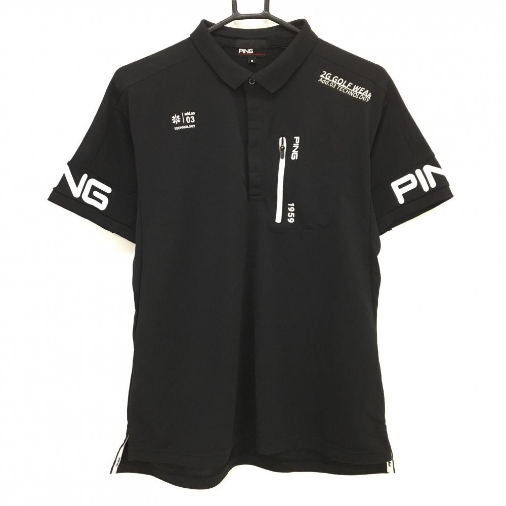 【超美品】ピン 半袖ポロシャツ 黒×白 ジップ胸ポケット付 add.on03 TECHNOLOGY メンズ S ゴルフウェア PING