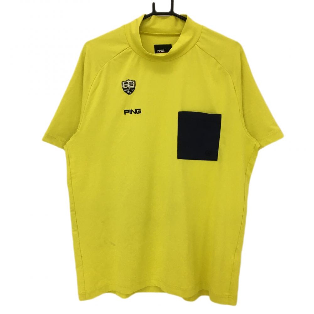 ピン 半袖ハイネックシャツ イエロー×ネイビー 胸ポケット メンズ 3L ゴルフウェア 大きいサイズ PING 画像