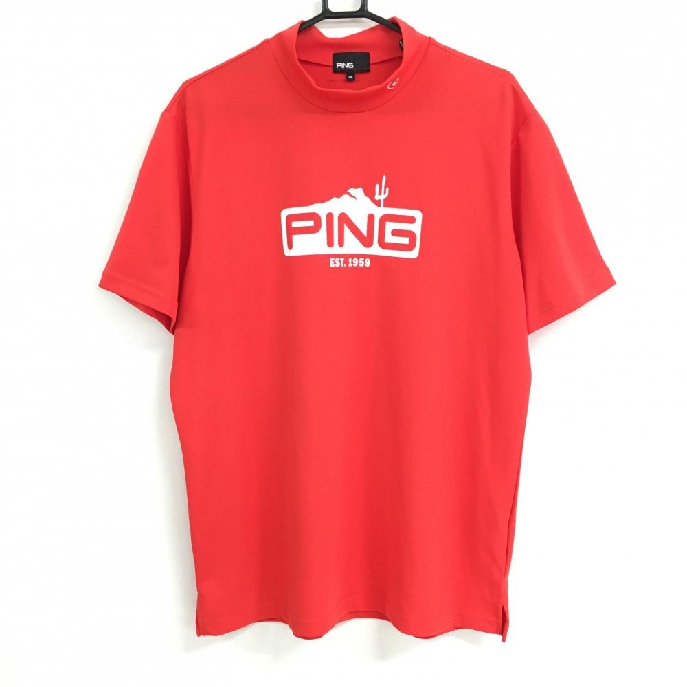 【超美品】ピン 半袖ハイネックシャツ レッド×白 ビッグロゴプリント メンズ 3L ゴルフウェア 2022年モデル 大きいサイズ PING