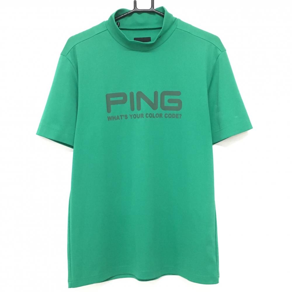 【美品】ピン 半袖ハイネックシャツ グリーン×グレー 胸ロゴプリント メンズ L ゴルフウェア PING