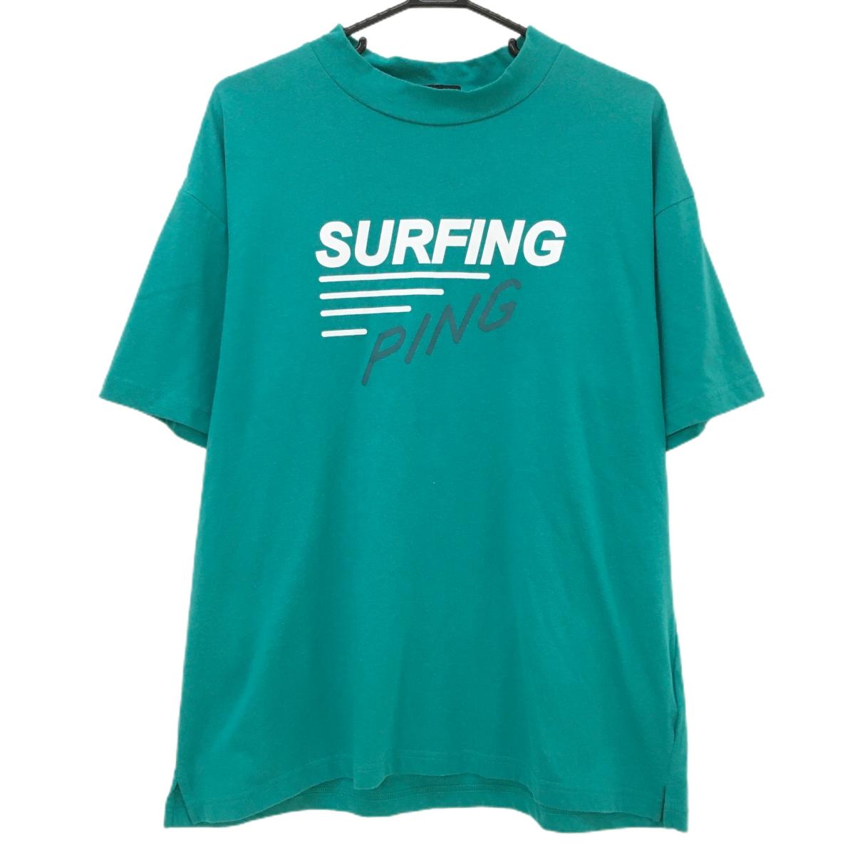 【美品】ピン 半袖ハイネックシャツ グリーン ロゴ白 フロントプリント メンズ LL ゴルフウェア 2023年モデル PING