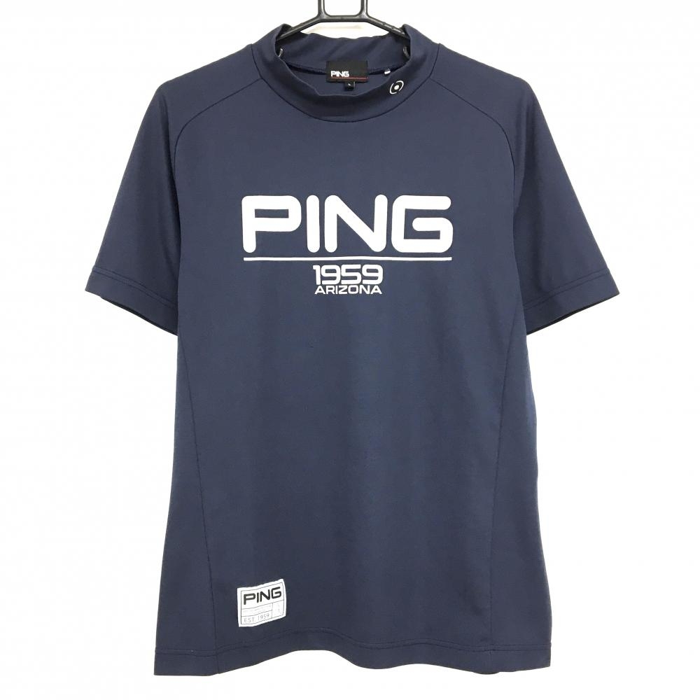 ピン 半袖ハイネックシャツ ネイビー×シルバー ビックロゴ  メンズ L ゴルフウェア PING