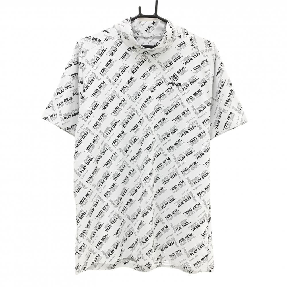 【超美品】ピン 半袖ハイネックシャツ 白×黒 ロゴ総柄  メンズ LL ゴルフウェア 2023年モデル PING
