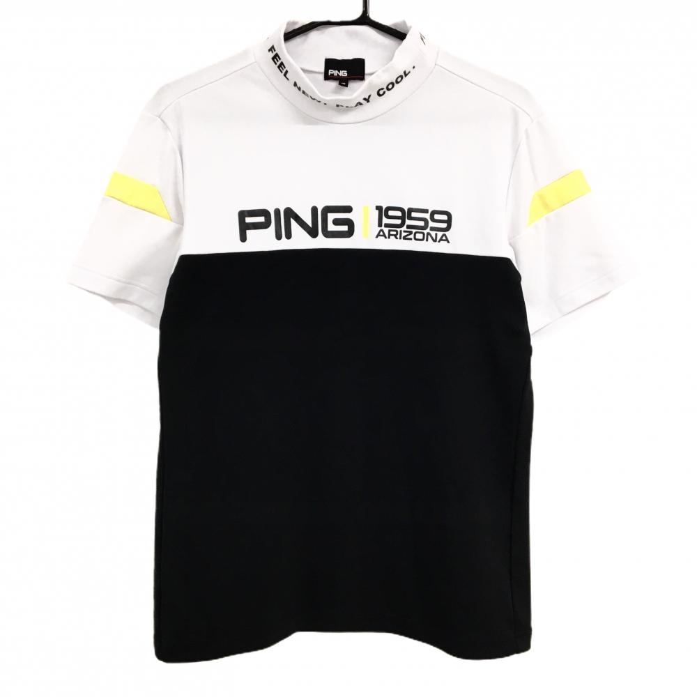 【超美品】ピン 半袖ハイネックシャツ 白×黒×イエロー フロントロゴ メンズ M ゴルフウェア PING