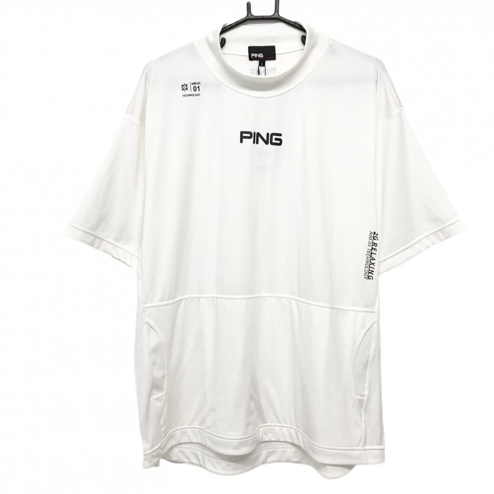 【新品】ピン 半袖ハイネックシャツ 白×黒 ロゴプリント ポケット  メンズ L ゴルフウェア PING