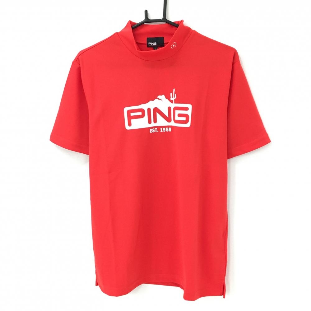 【新品】ピン 半袖ハイネックシャツ レッド×白 背面ヤシの木プリント COOL  メンズ L ゴルフウェア PING