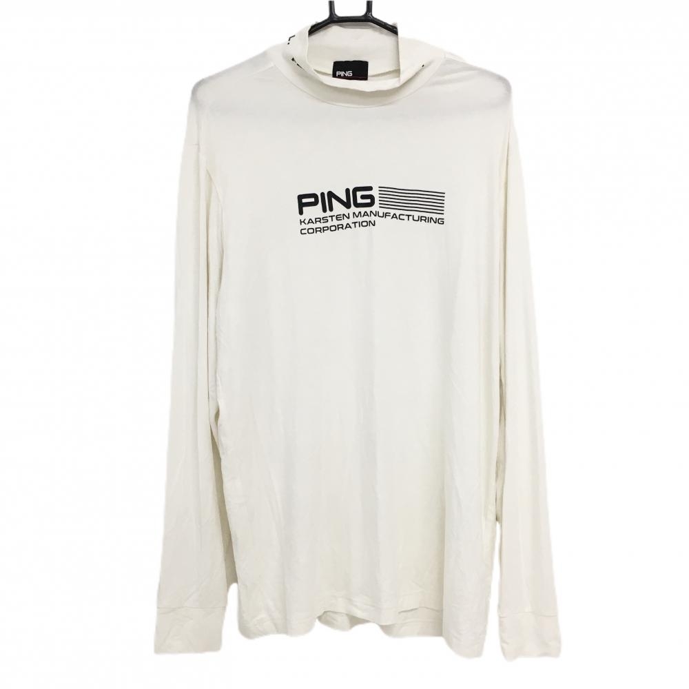 ピン 長袖ハイネックシャツ 白×黒 フロント・ネックロゴ ストレッチ  メンズ LL ゴルフウェア PING