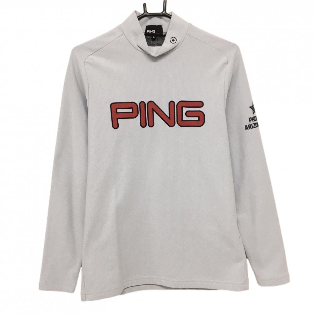 【超美品】ピン 長袖ハイネックシャツ ライトグレー×レッド ストライプ調織生地 裏起毛 フロントロゴ メンズ S ゴルフウェア PING