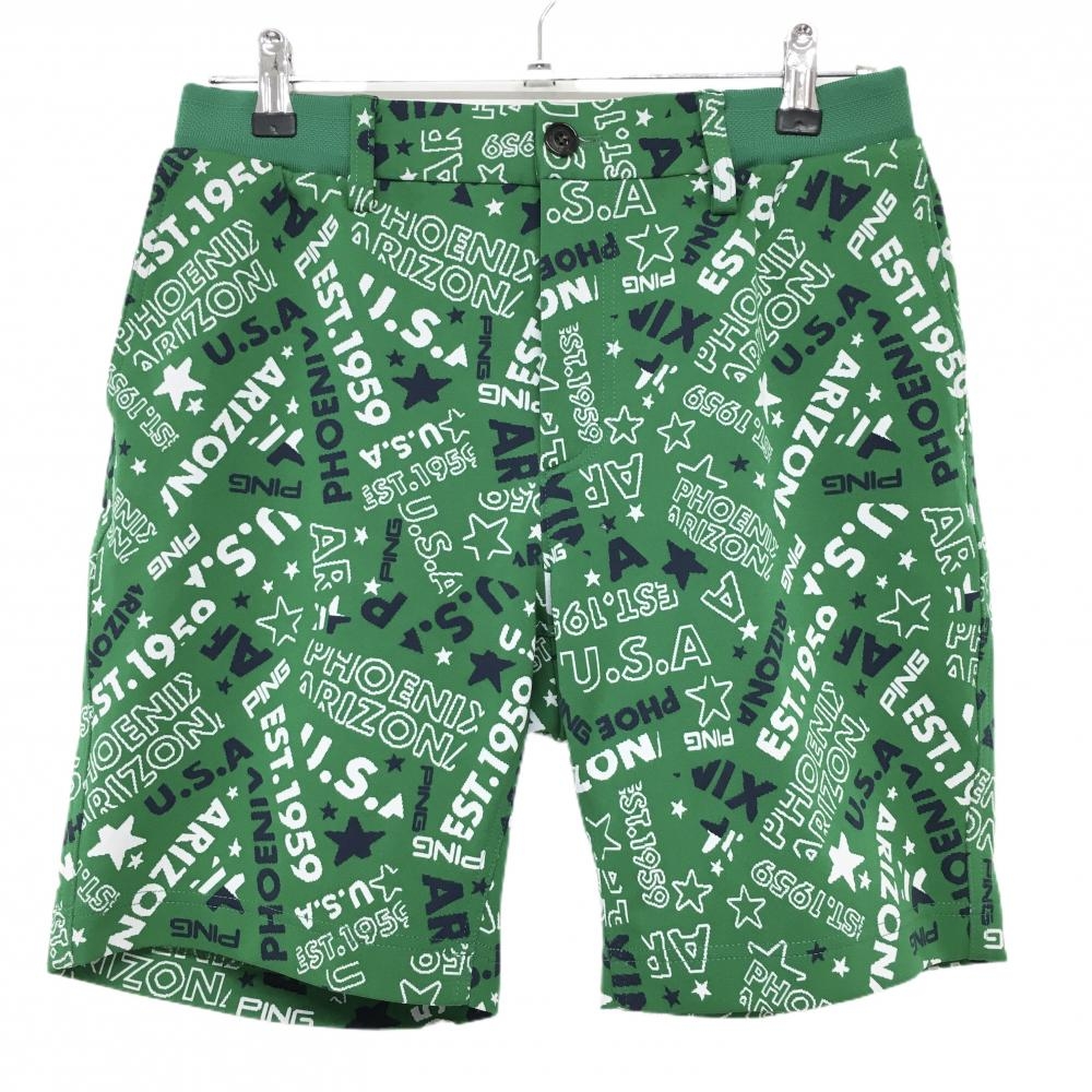 【超美品】ピン ハーフパンツ グリーン×白 英字総柄 ウエスト一部ゴム メンズ M ゴルフウェア 2025年モデル PING