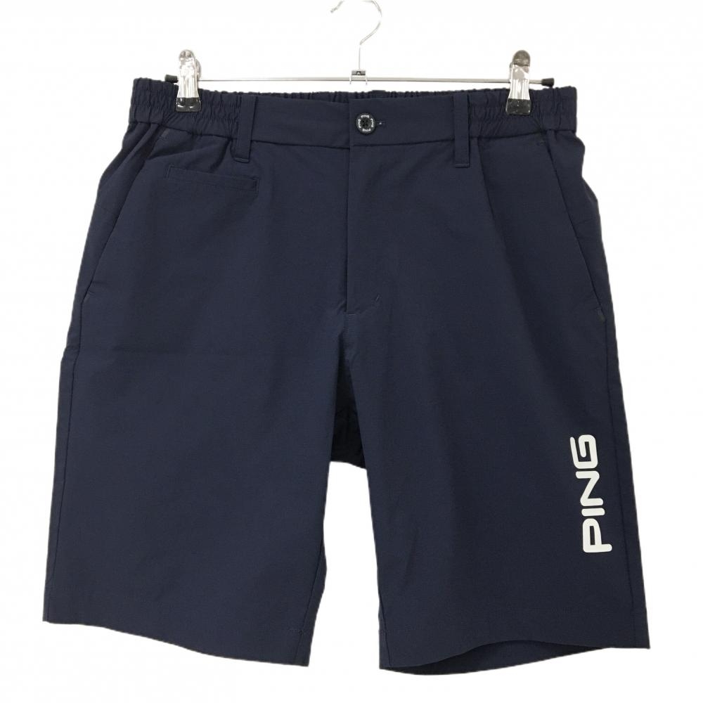 【超美品】ピン ハーフパンツ ネイビー ロゴ白 ウエスト一部ゴム ナイロン混 メンズ L ゴルフウェア PING