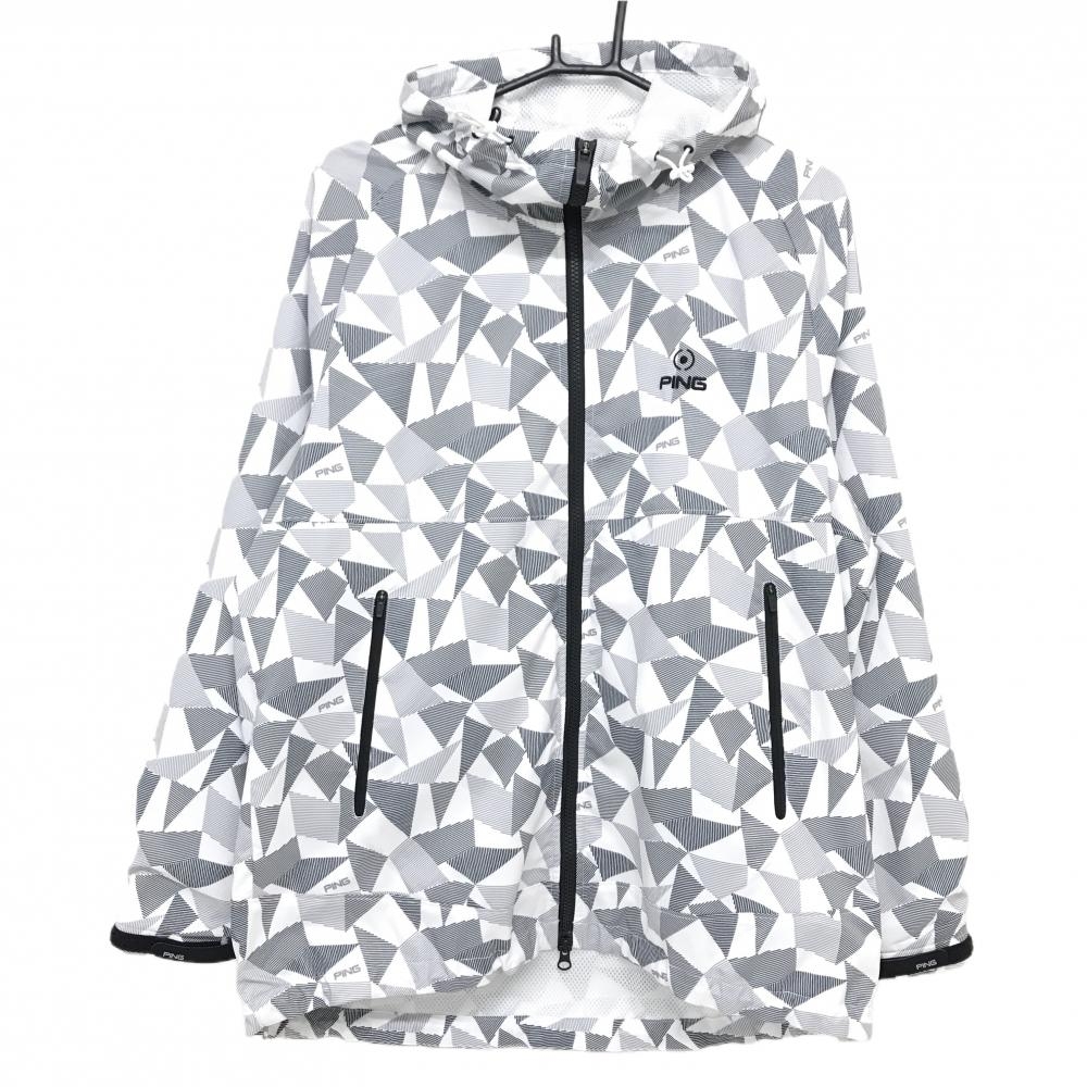 【超美品】ピン ジップパーカー 白×ダークグレー 総柄 裏地メッシュ 薄手 裾ドローコード メンズ LL ゴルフウェア PING