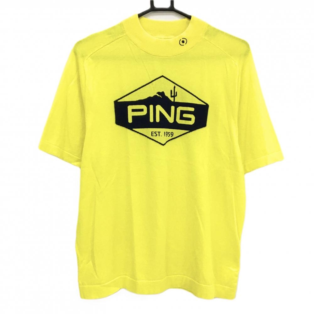 【美品】ピン 半袖セーター イエロー×黒 フロントロゴ コットン10％ ニット  メンズ L ゴルフウェア PING