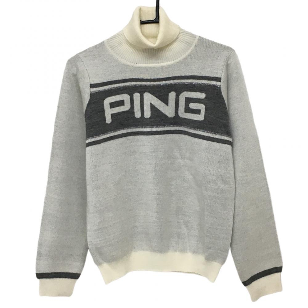 【超美品】ピン タートルネックセーター 白×グレー 胸元ロゴ ニット ウール混 レディース L ゴルフウェア 2022年モデル PING 画像