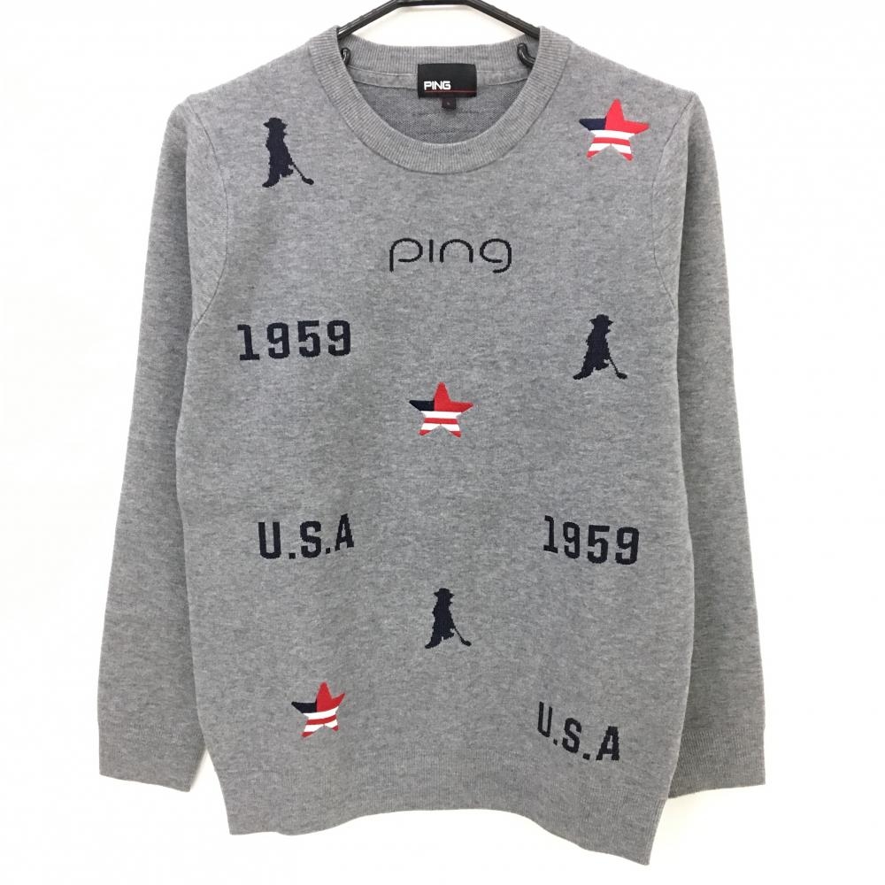 【超美品】ピン セーター グレー×ネイビー 前身頃総柄 ニット  レディース L ゴルフウェア 2024年モデル PING